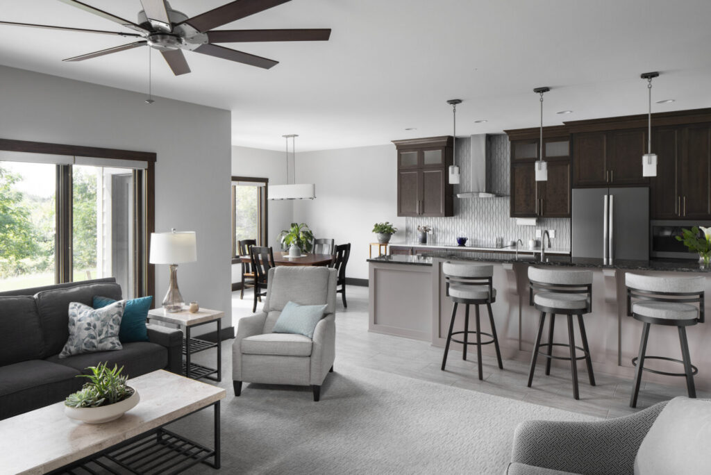 Open concept living room and kitchen in Waukesha custom ranch