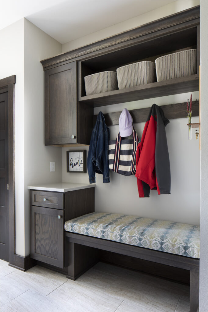 Built-in mudroom bench and storage in Waukesha custom ranch home