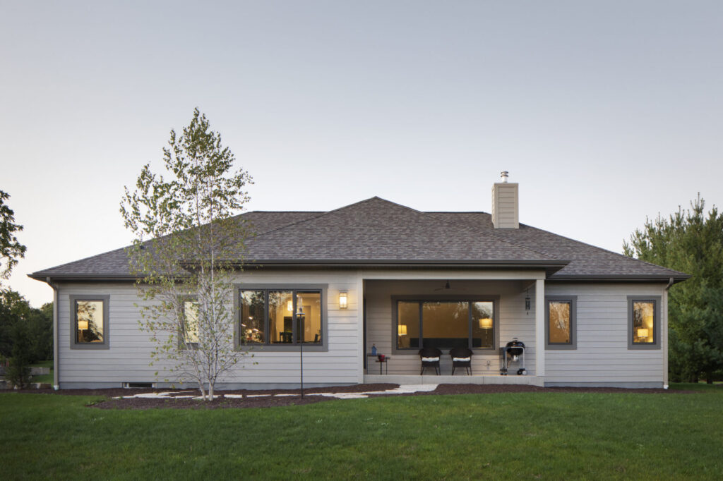 Rear exterior of Waukesha custom ranch home built by Kurber Construction