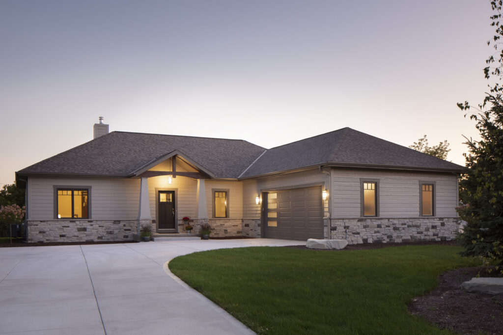 custom home builder Waukesha WI front exterior home at dusk