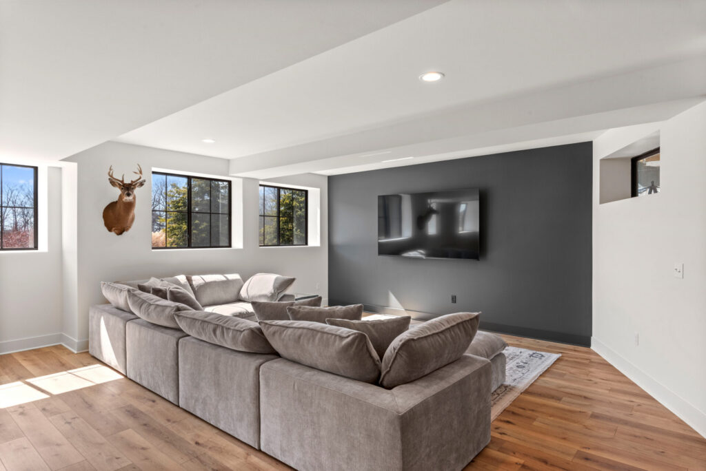 Custom basement media room remodeling project in Waukesha County